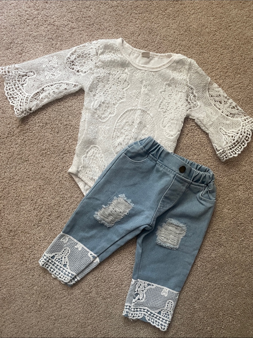 White Lace Baby Bodysuit & Light Blue Cropped Jeans Set